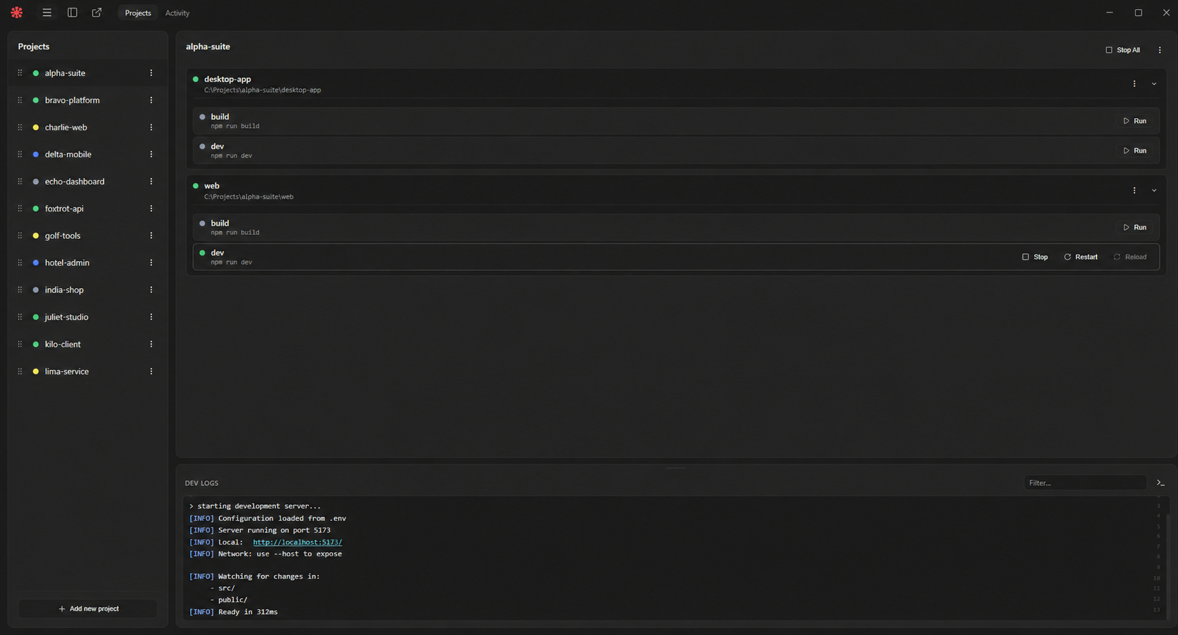 Dockmaster dashboard — a sidebar of projects with live status, an app detail panel, and a streaming log view