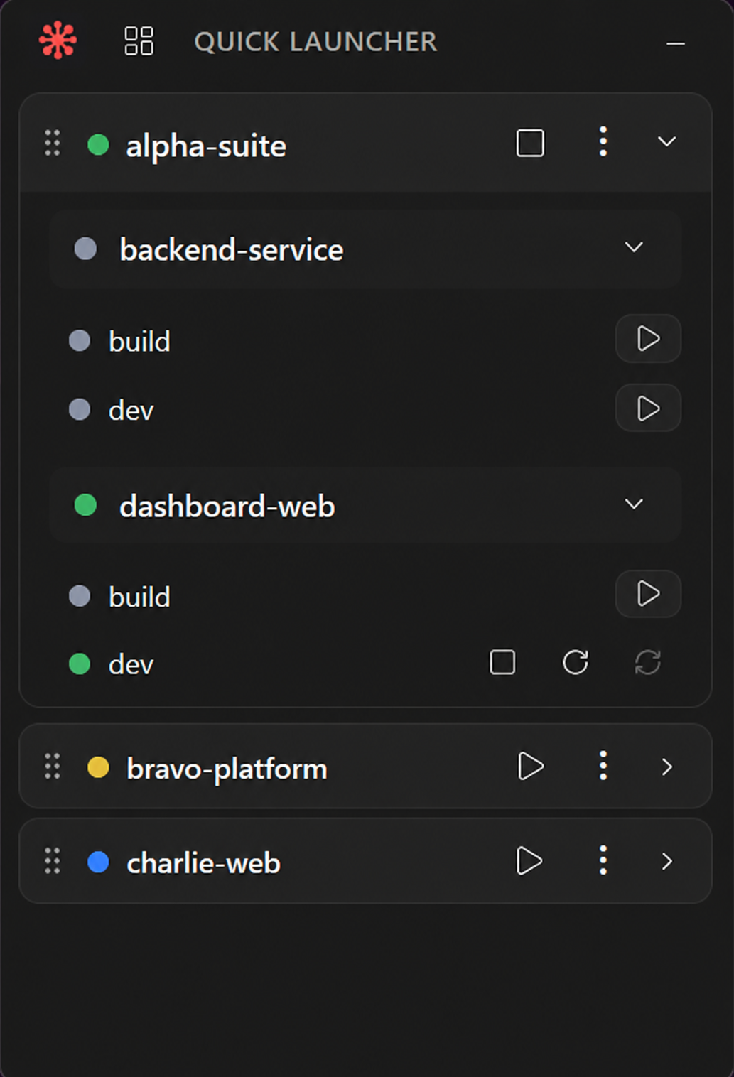 Dockmaster quick launcher with pinned projects, each showing its apps and controls