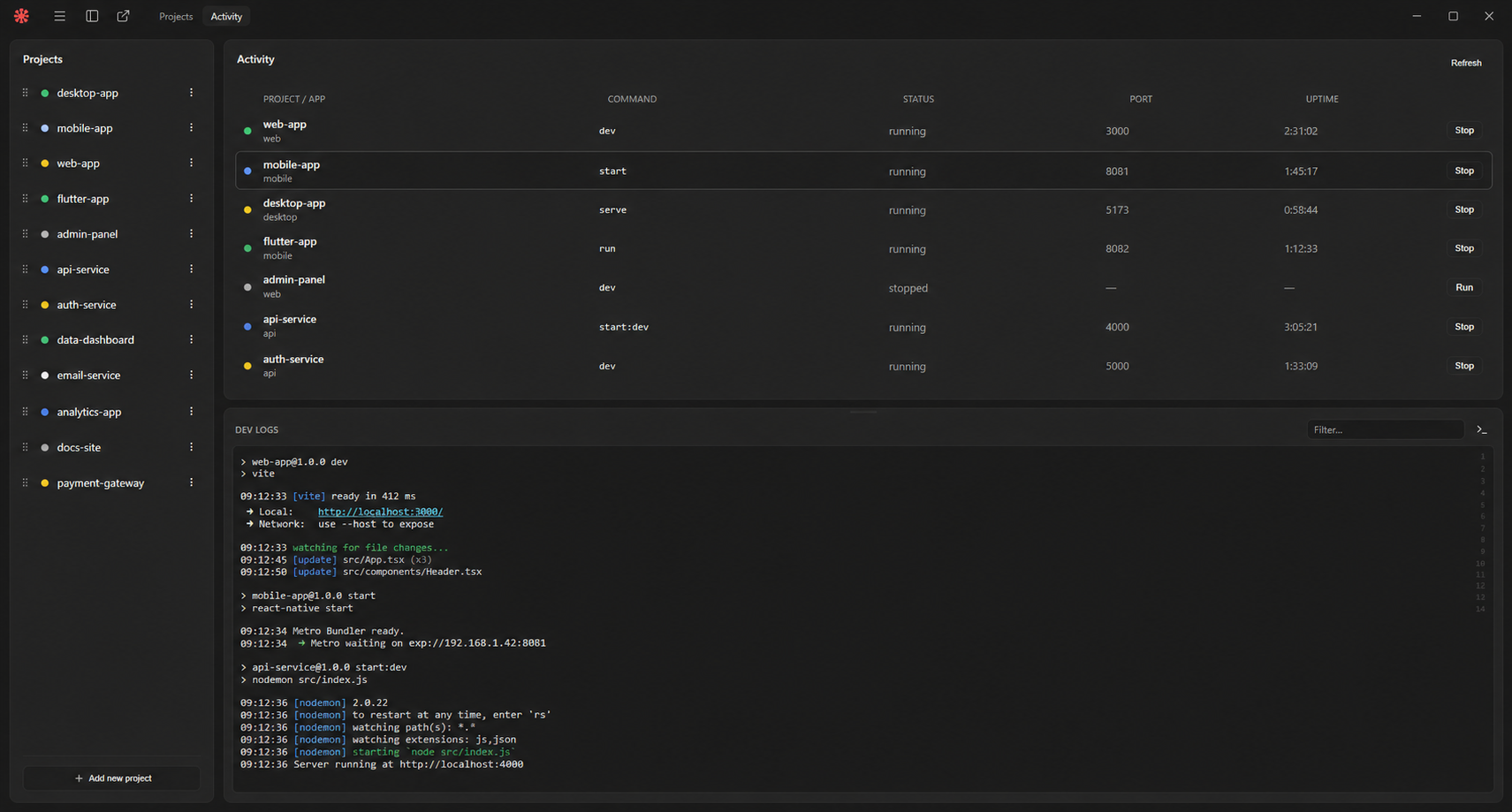 Dockmaster activity view with a running-process table and a combined, colour-coded log stream