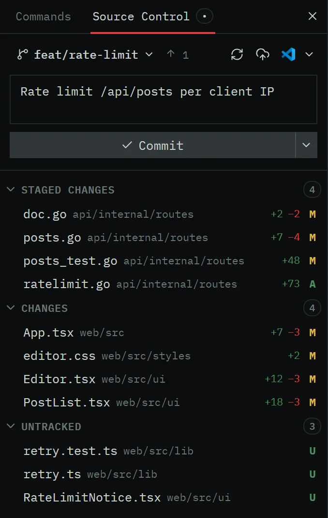 The Source Control panel on branch feat/rate-limit with four staged Go files, four changed web files and three untracked files