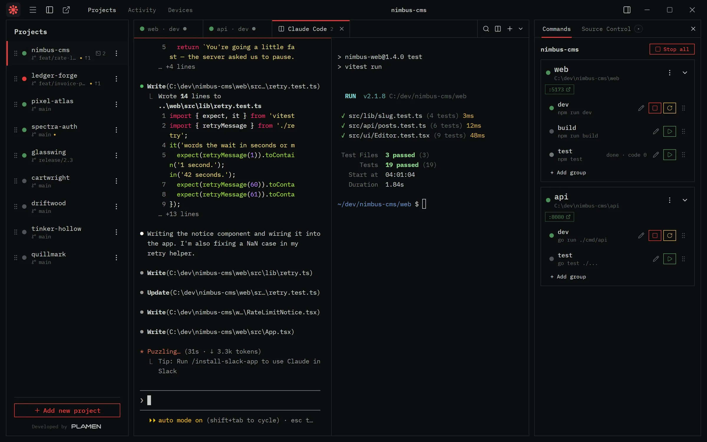 Dockmaster with the nimbus-cms project open: Claude Code editing files in one pane, tests passing in the other, and the web and api commands running in the side panel
